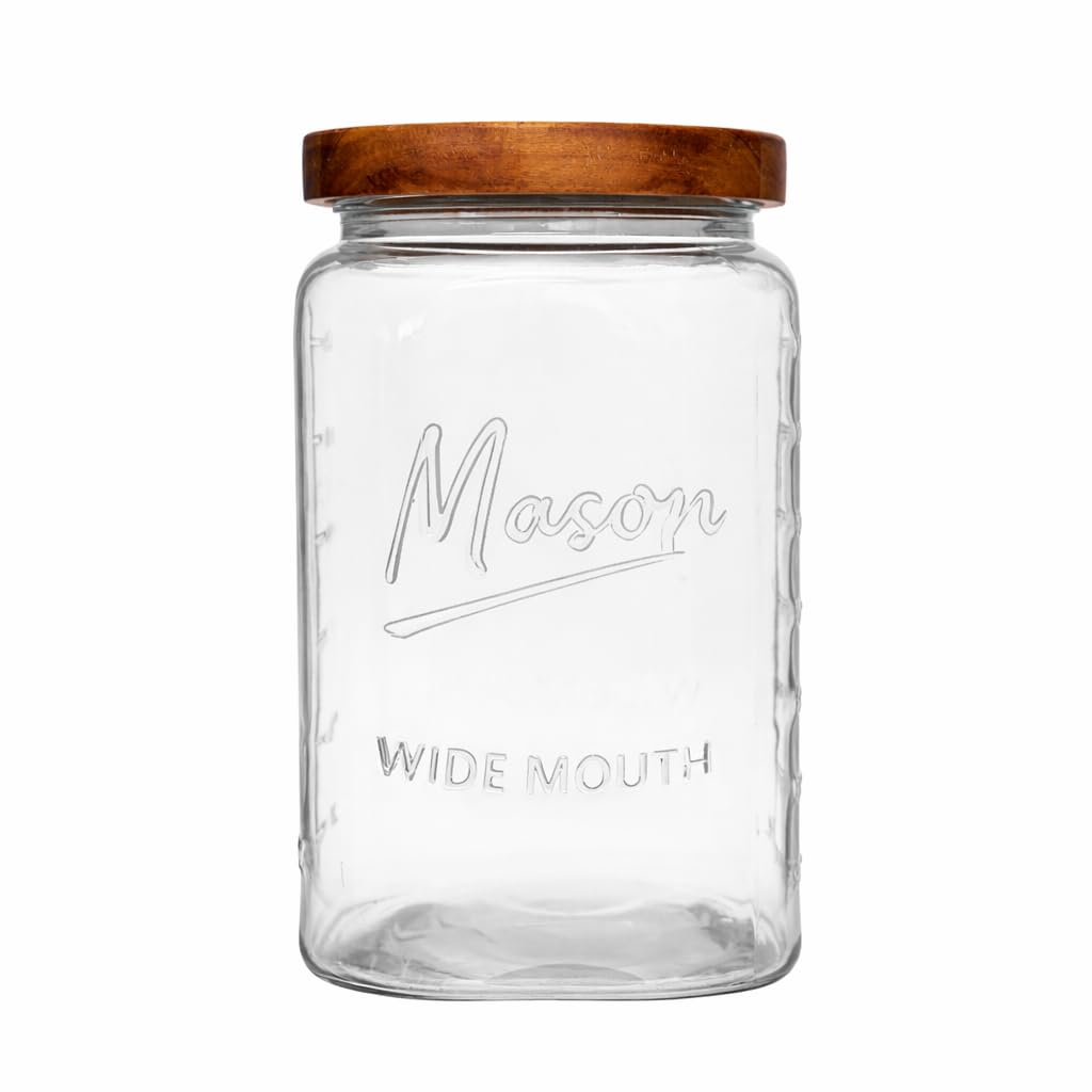 1 Gallon Glass Jar with Wooden Lid - Extra Large Mason Jar Wide Mouth with Airtight Wood Lid - Square Glass Storage Container with Measurement Markings for Flour, Sugar, Cookies & Pickling