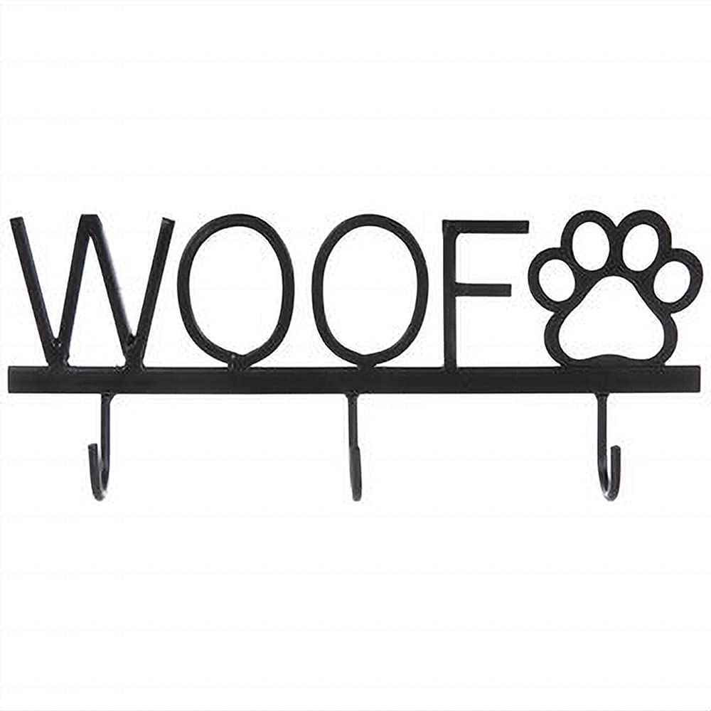 Gerson 10 inch Black Metal Dog Leash Holder Wall Hook with WOOF and Paw Print Home Pet Decor