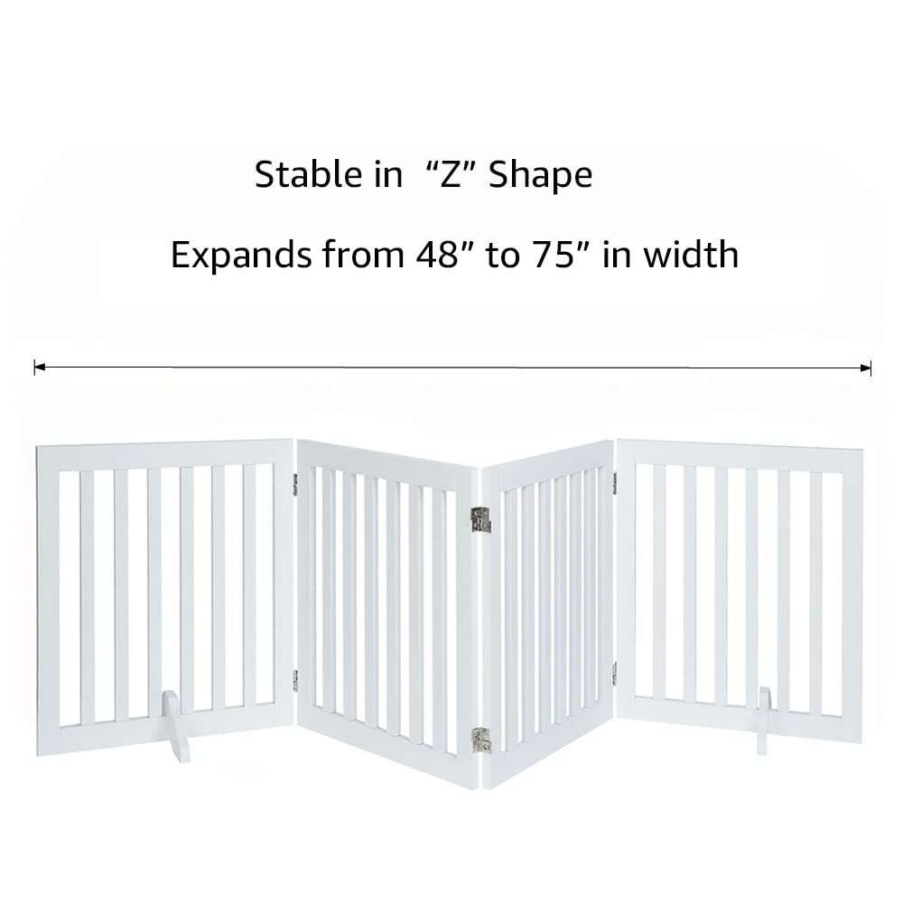 unipaws 24”H Free Standing Pet Gate for Dog Cat, Wooden Gates for Doorway, Stairs, Step Over Foldable Pet Fence for The House, Expandable Dog Barrier, Indoor Use, White