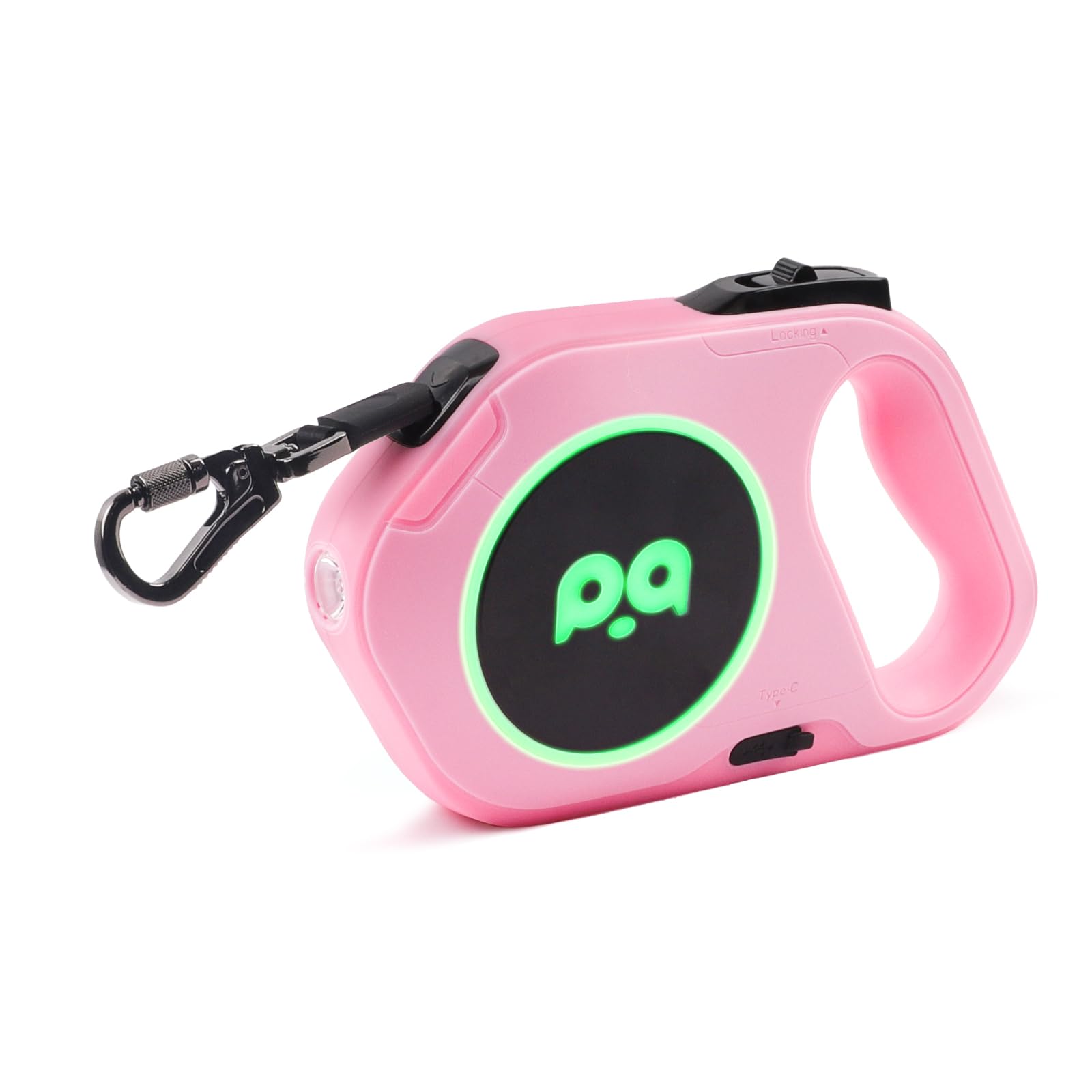 QQPETS Retractable Dog Leash with Rechargeable LED Light - 16 ft Strong Nylon Tape for Night Walks up to 88lbs Pet - 360° Tangle-Free One-Handed Brake, Pause, Lock (Pink)