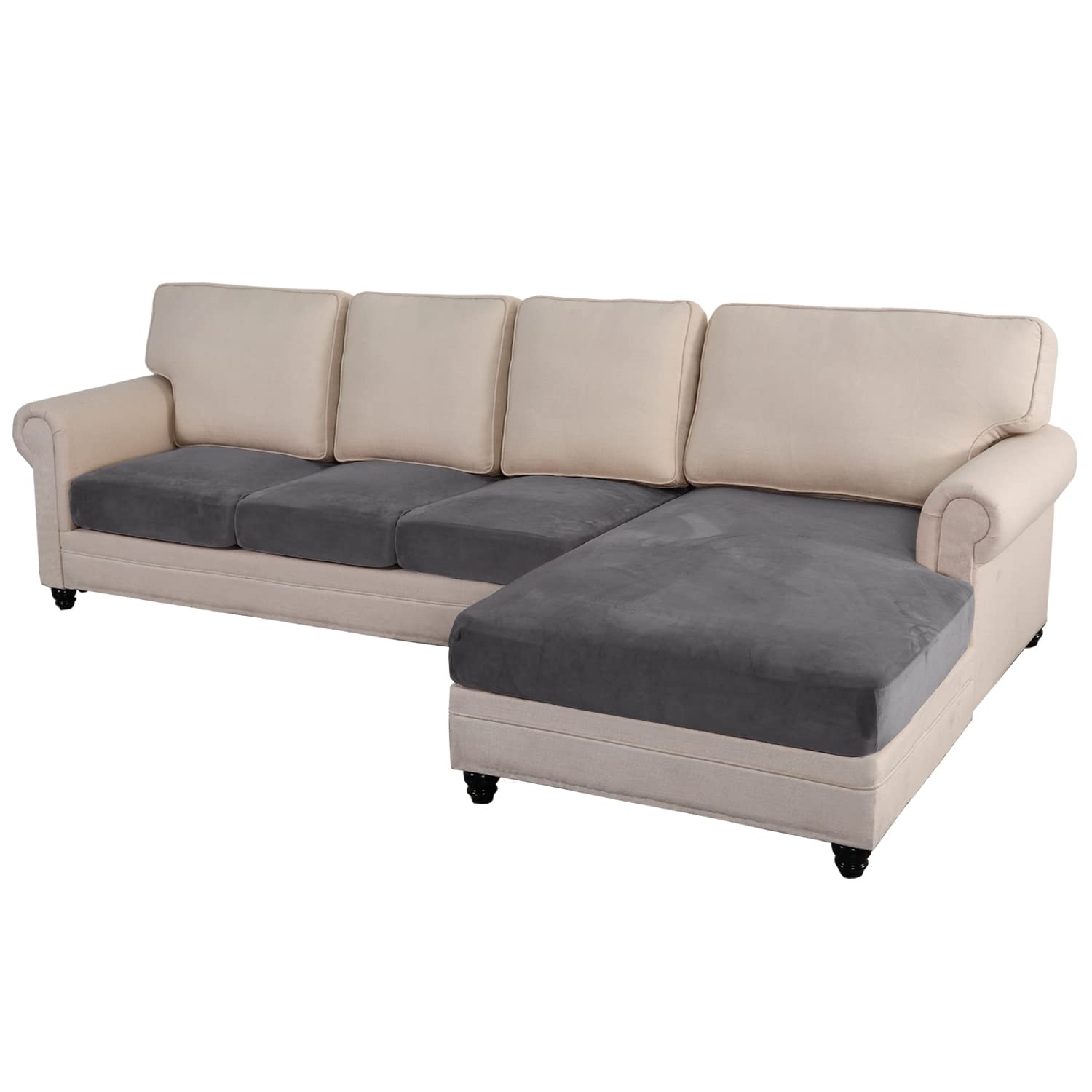 MIFXIN Sectional Couch Covers 4 Piece Stretch Velvet Sofa Seat Cushion Cover Set L Shape Separate Cushion Chaise Slipcover Furniture Protector for Both Left/Right Sectional Couch (Grey)