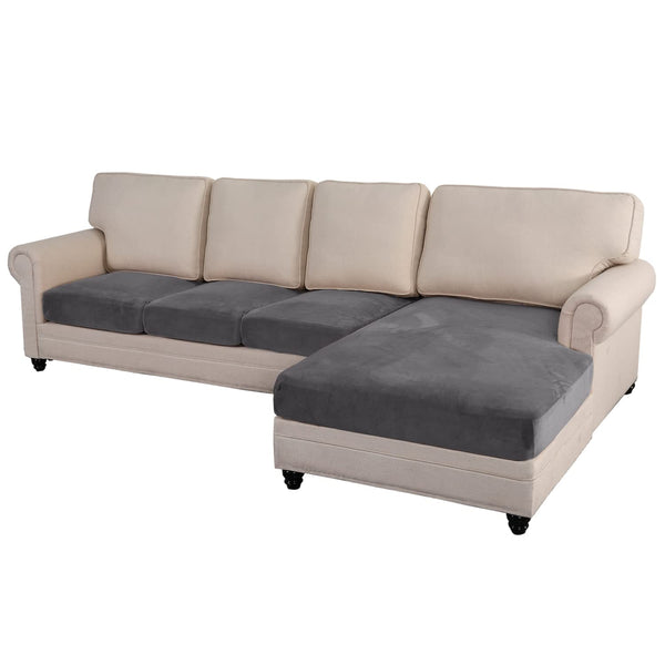 MIFXIN Sectional Couch Covers 4 Piece Stretch Velvet Sofa Seat Cushion Cover Set L Shape Separate Cushion Chaise Slipcover Furniture Protector for Both Left/Right Sectional Couch (Grey)