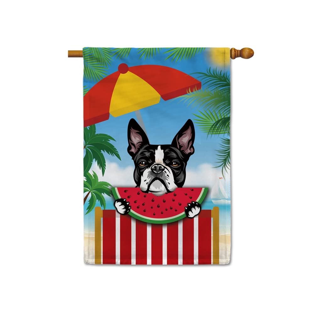 MALIHONG Summer Time Watermelon Flag Peeking Dog Boston Terrier House Flag Double Sided Yard Outdoor Decorative Summer Beach Holiday Flag 28 x 40 Inch