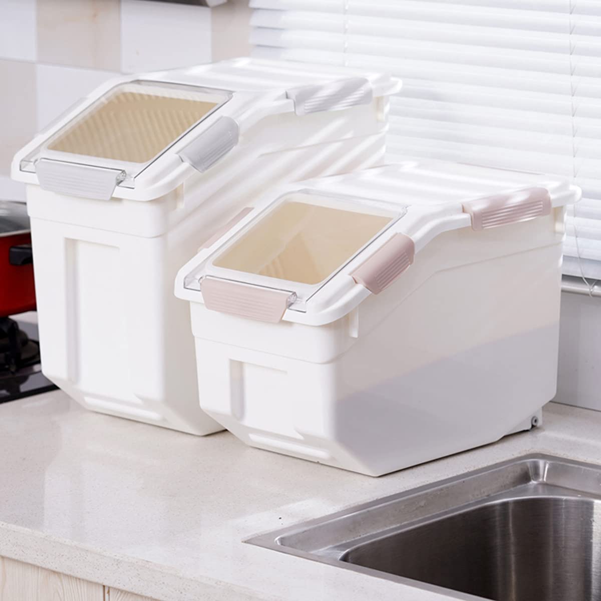 MXCELL Pet Grain Storage Barrels Sealed Bucket for Cat Dog Food Storage Boxes Pet Food Containers Interlayer Storage Feeder with Food Scoop and Measuring Cup (Upgraded gray)