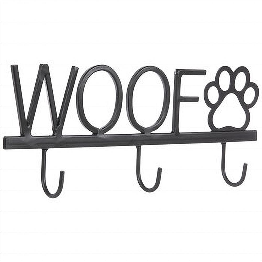 Gerson 10 inch Black Metal Dog Leash Holder Wall Hook with WOOF and Paw Print Home Pet Decor