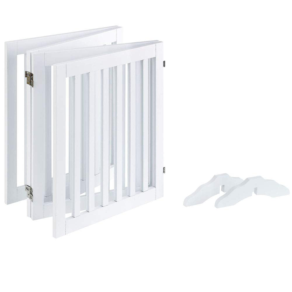 unipaws 24”H Free Standing Pet Gate for Dog Cat, Wooden Gates for Doorway, Stairs, Step Over Foldable Pet Fence for The House, Expandable Dog Barrier, Indoor Use, White