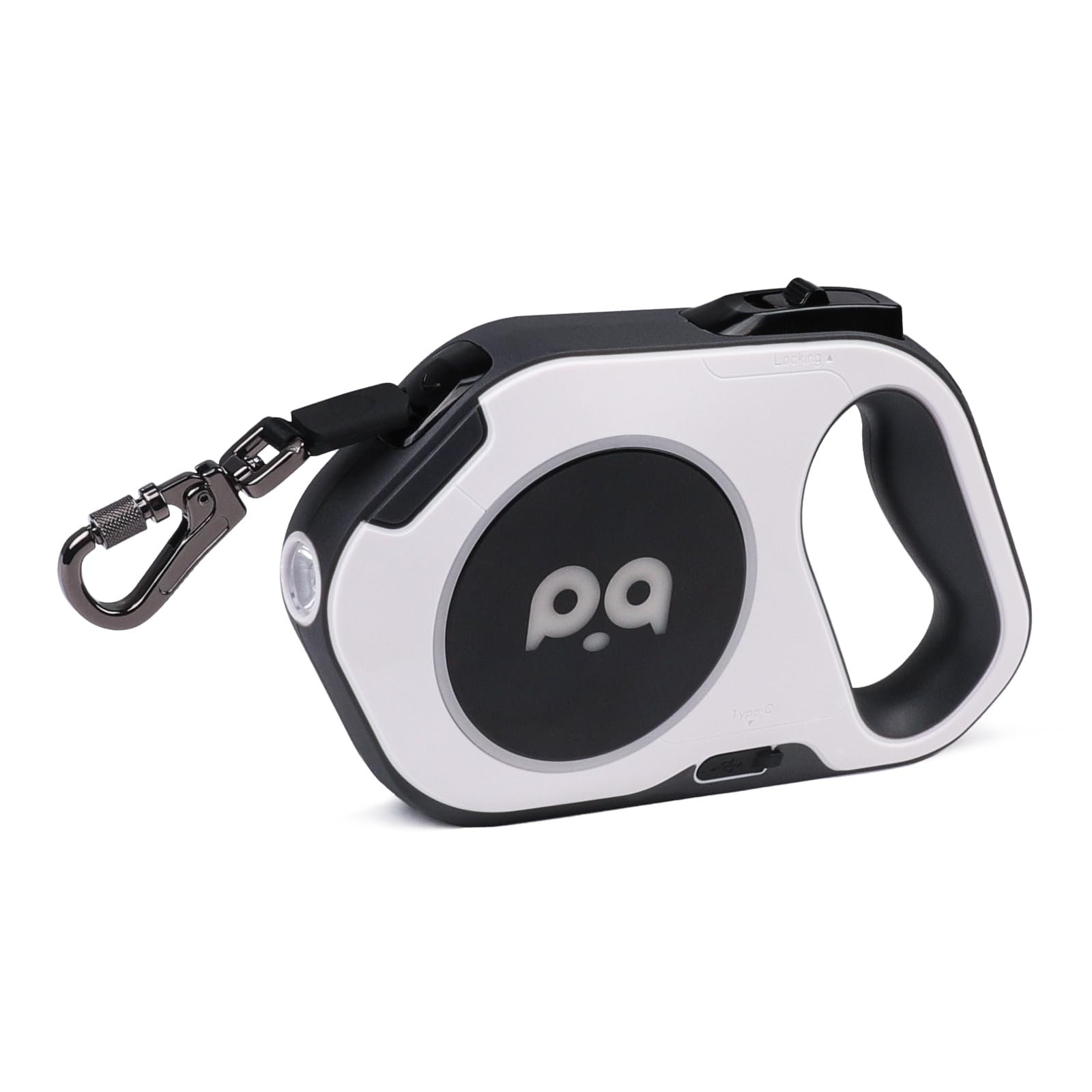 QQPETS Retractable Dog Leash with Rechargeable LED Light - 16 ft Strong Nylon Tape for Night Walks up to 88lbs Pet - 360° Tangle-Free One-Handed Brake, Pause, Lock (White)