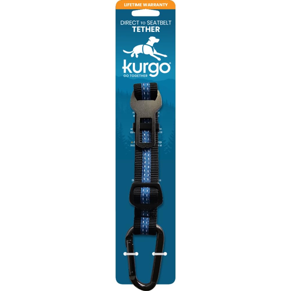 Kurgo Direct to Seatbelt Tether - Easy-Use Dog Car Harness Clip - Adjustable Ride Strap - Universal Fit for Most Vehicles - All Steel Hardware - Backseat Restraint - Coastal Blue