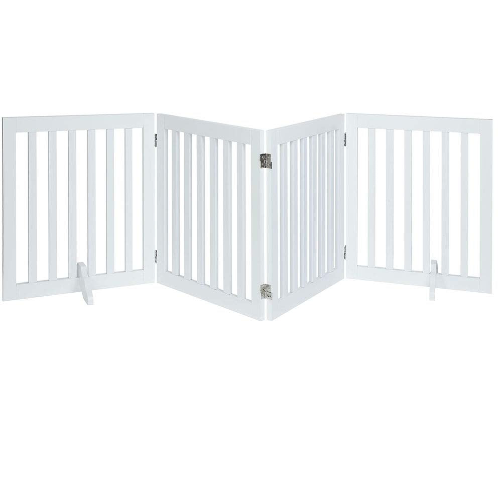 unipaws 24”H Free Standing Pet Gate for Dog Cat, Wooden Gates for Doorway, Stairs, Step Over Foldable Pet Fence for The House, Expandable Dog Barrier, Indoor Use, White
