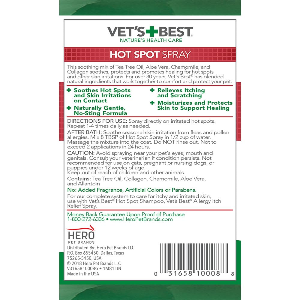 Vet's Best Dog Hot Spot Itch Relief Spray for Dogs, Dog Hot Spot Spray, Relieves Dry Skin, Rash, Scratching, and Licking, Itchy Skin & Hot Spots, anti-itch spray for dogs, Alcohol-Free, 16 oz