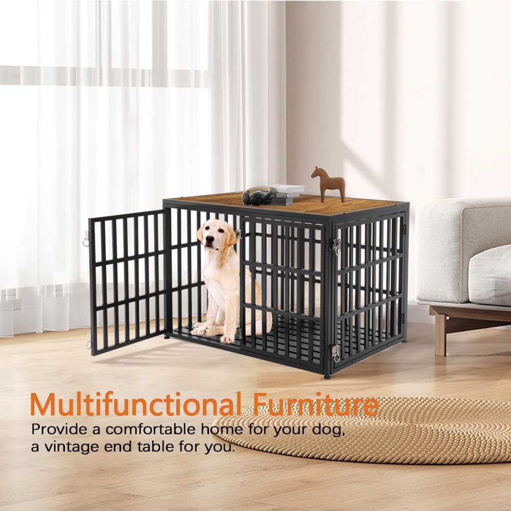 LUCKUP Heavy Duty Dog Crate Furniture for Medium and Large Dogs, Dog Kennel Indoor Dog Cage end Table, Wooden Metal Pet House with Adjustable Feet, 40 Inch, Black