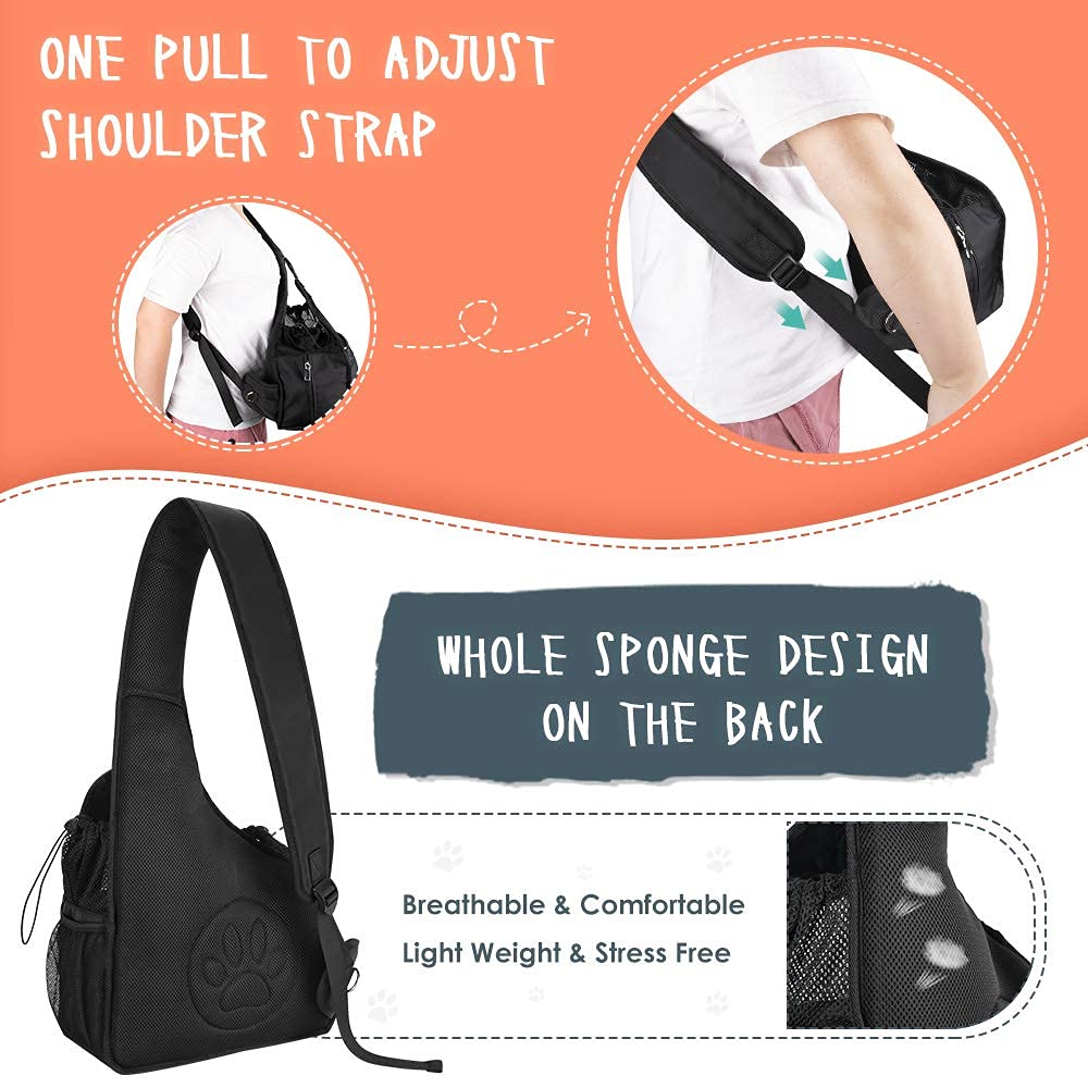 Lukovee Dog Slings for Small Dogs, Hard Bottom Support & Adjustable Soft Padded Shoudler Strap Dog Sling Carrier, Dog Purse with Button Closure & Zipper Pockets (for Pets up to 6 lbs, Black)