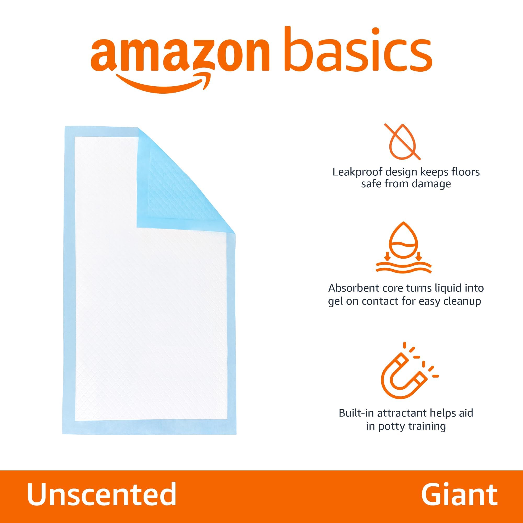 Amazon Basics Heavy Duty Dog and Puppy Pee Pads, Leak-Proof 5-Layer Super Absorbent, Quick-Dry Surface for Potty Training and Housebreaking, Giant Size, 27.5 x 44 Inch, Blue & White, 30-Pack