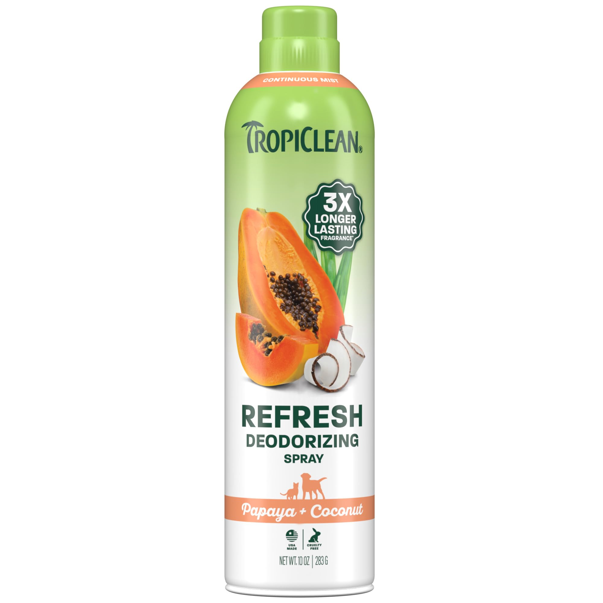 TropiClean Dog Perfume, Papaya Scented Dog Deodorizing Spray, 3X Long-Lasting Scent, After Bath Cologne & Detangling Spray with Vitamin E, 10oz.
