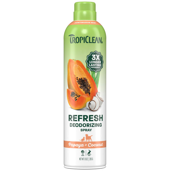TropiClean Dog Perfume, Papaya Scented Dog Deodorizing Spray, 3X Long-Lasting Scent, After Bath Cologne & Detangling Spray with Vitamin E, 10oz.