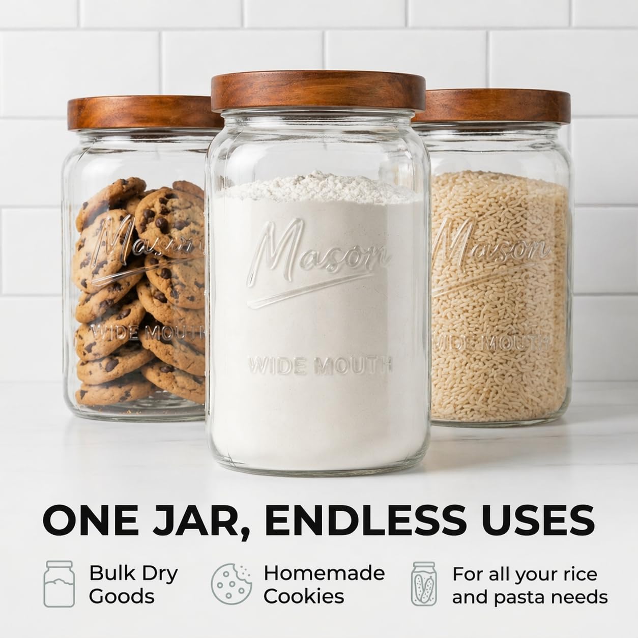 1 Gallon Glass Jar with Wooden Lid - Extra Large Mason Jar Wide Mouth with Airtight Wood Lid - Square Glass Storage Container with Measurement Markings for Flour, Sugar, Cookies & Pickling