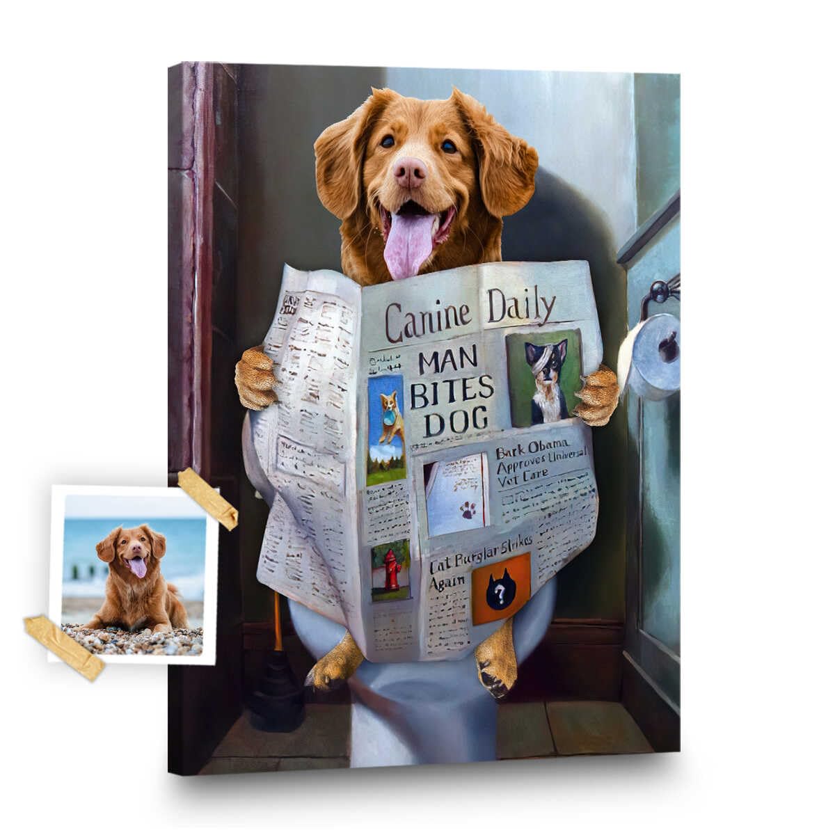 Generic Custom Dog Read Newspaper in Toilet Custom Portrait Canvas & Poster, Funny Pet Portrait Wall Art, Gift for Pet Lover