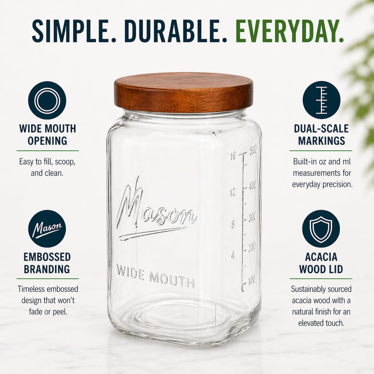 1 Gallon Glass Jar with Wooden Lid - Extra Large Mason Jar Wide Mouth with Airtight Wood Lid - Square Glass Storage Container with Measurement Markings for Flour, Sugar, Cookies & Pickling
