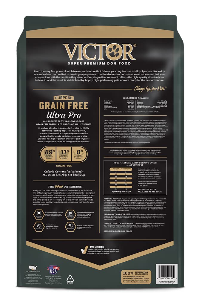 VICTOR Super Premium Dog Food – Grain Free Ultra Pro Kibble – High Protein, Low Carb for Active Dogs – 42% Protein Kibble for Sporting Dogs of All Breeds & Sizes, 30 lb