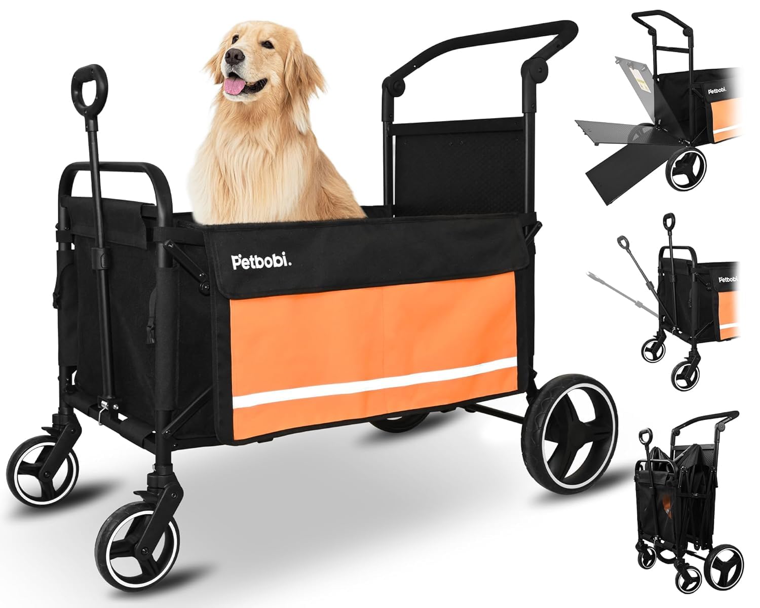 Petbobi Dog Wagon Stroller for Large & Medium Dogs, 2-in-1 Push Pull Pet Cart with Ramp, Foldable Wagon, 360° Swivel Wheels, Adjustable Handles, Safety Leashes, Orange