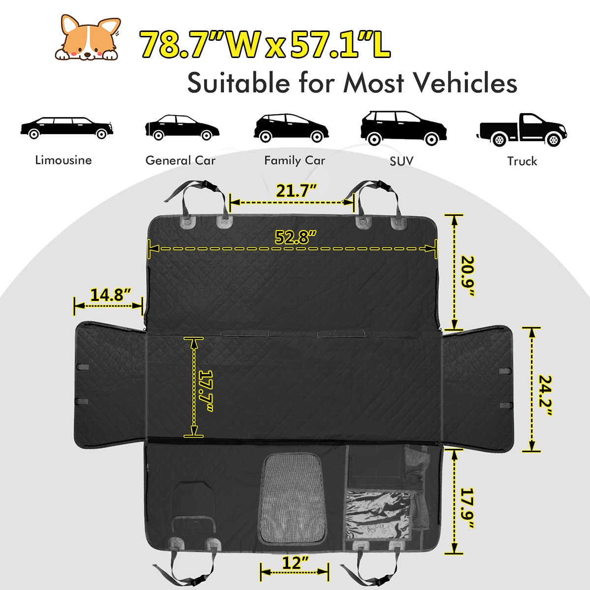 GURETER Dog Car Seat Cover for Back Seat, Waterproof Scratch Proof Hammock with Side Flaps anf Large Mesh Window, Nonslip Backseat Dogs Fit Car, SUV and Truck, Cover, Black, CWLSGU1