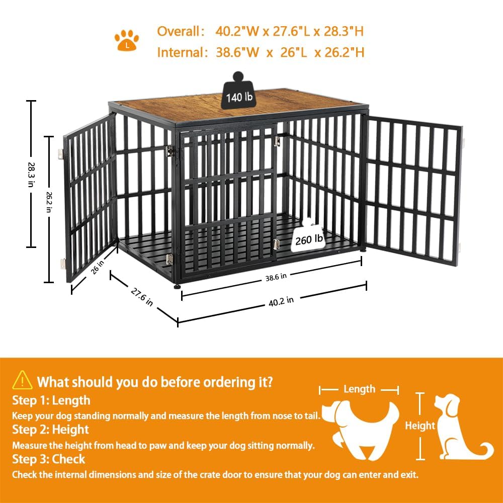 LUCKUP Heavy Duty Dog Crate Furniture for Medium and Large Dogs, Dog Kennel Indoor Dog Cage end Table, Wooden Metal Pet House with Adjustable Feet, 40 Inch, Black