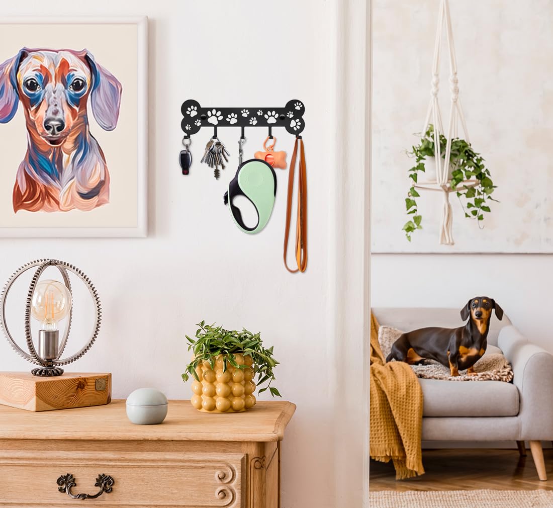 Dog Leash Holder - Unique Metal Wall Hanger With Bone and Paw Design - Pet Leash Hook and Key Organizer - Decorative Gift Idea for Dog Lovers