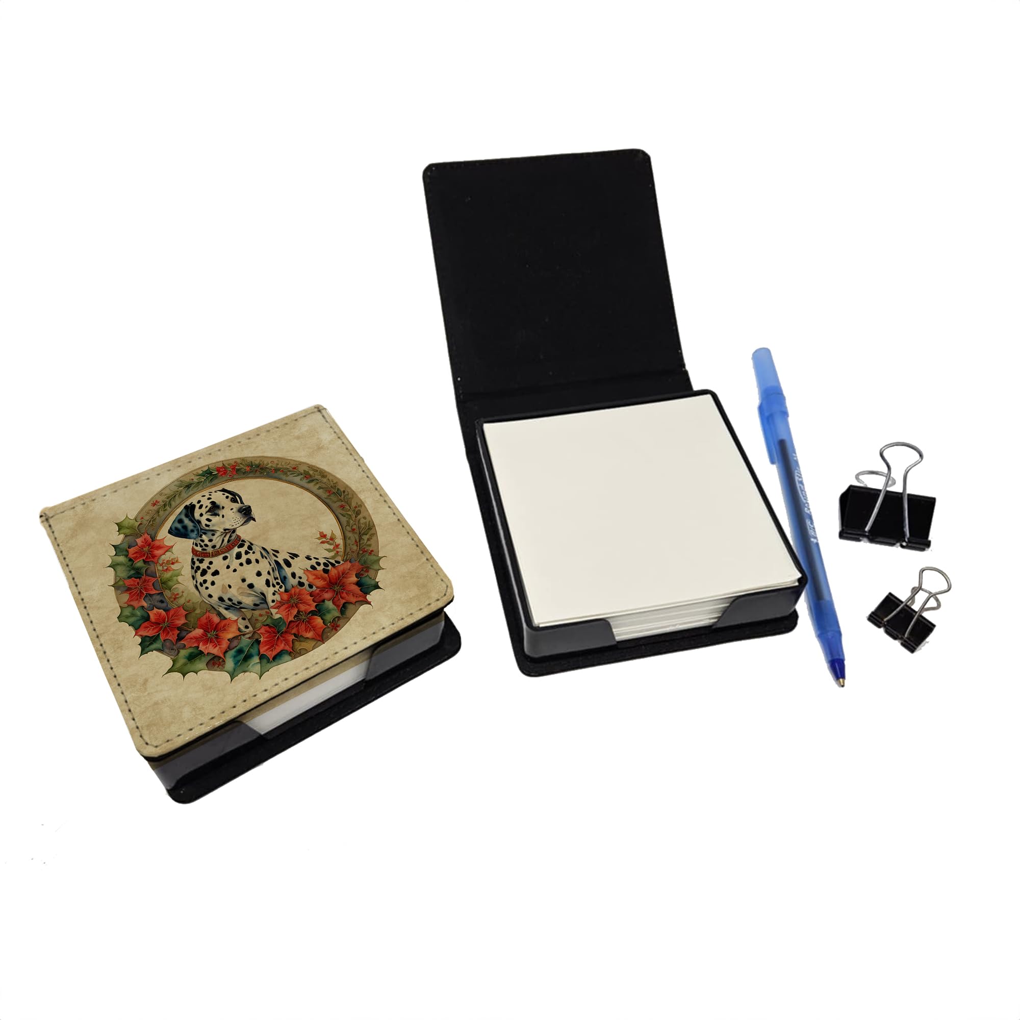 Caroline's Treasures Dalmatian Christmas Flowers PU Leather Note Paper Holder with Artist-Designed Cover, Desk Accessory, Office Gift