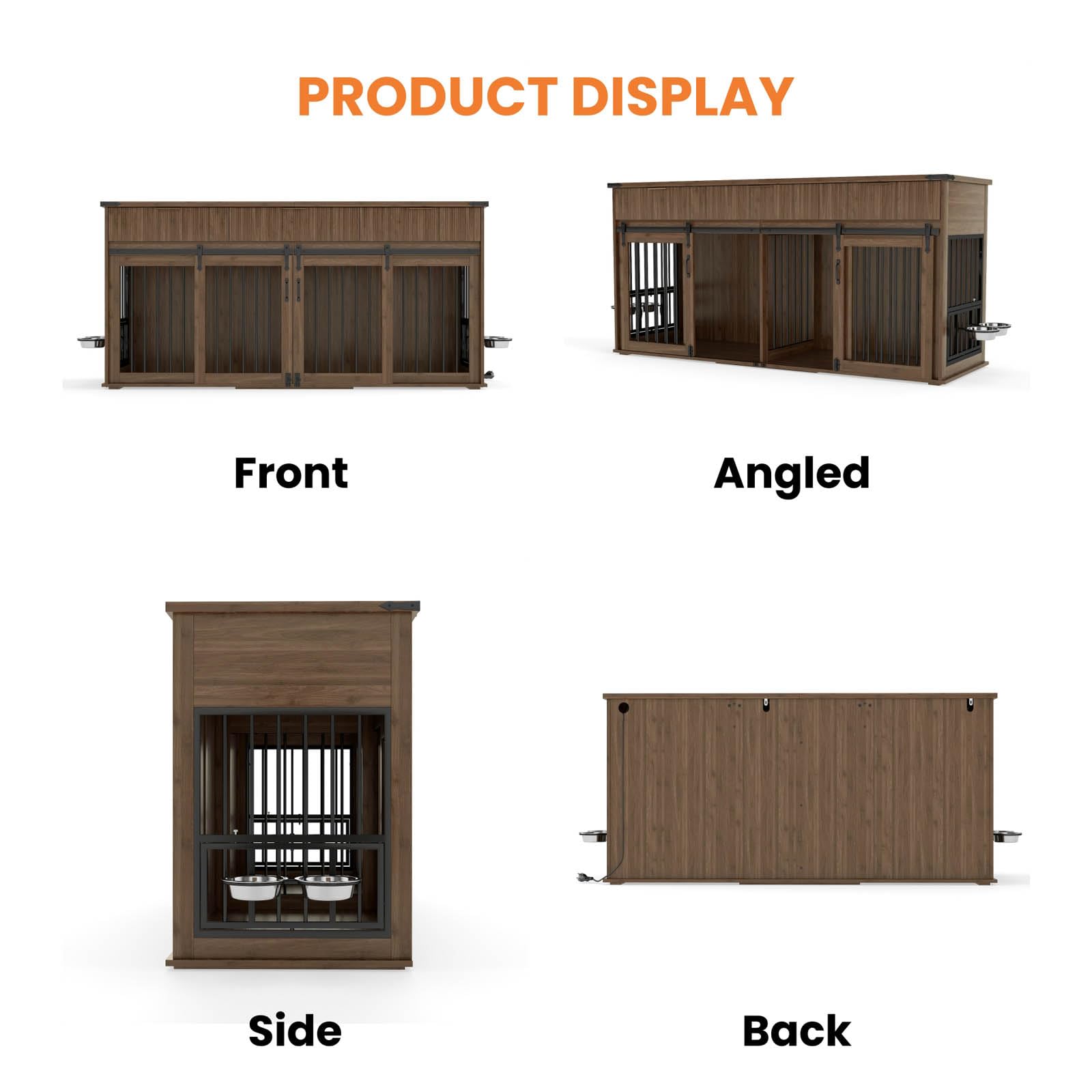 71'' Dog Crate Furniture for 2 Dogs, Wooden Double Dog Kennel with Removable Divider & 360° Rotating Feeder, 3 Fluted Drawers, Charging Station, TV Stand or Side Table (White)