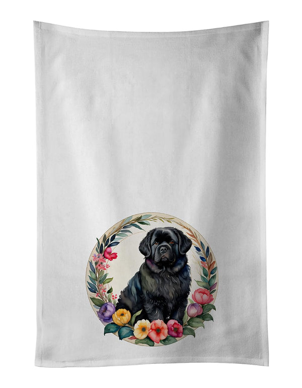Caroline's Treasures Newfoundland and Flowers Kitchen Towel Set of 2 White Dish Towels Decorative Bathroom Hand Towel for Hand, Face, Hair, Yoga, Tea, Dishcloth, 19 X 28, White