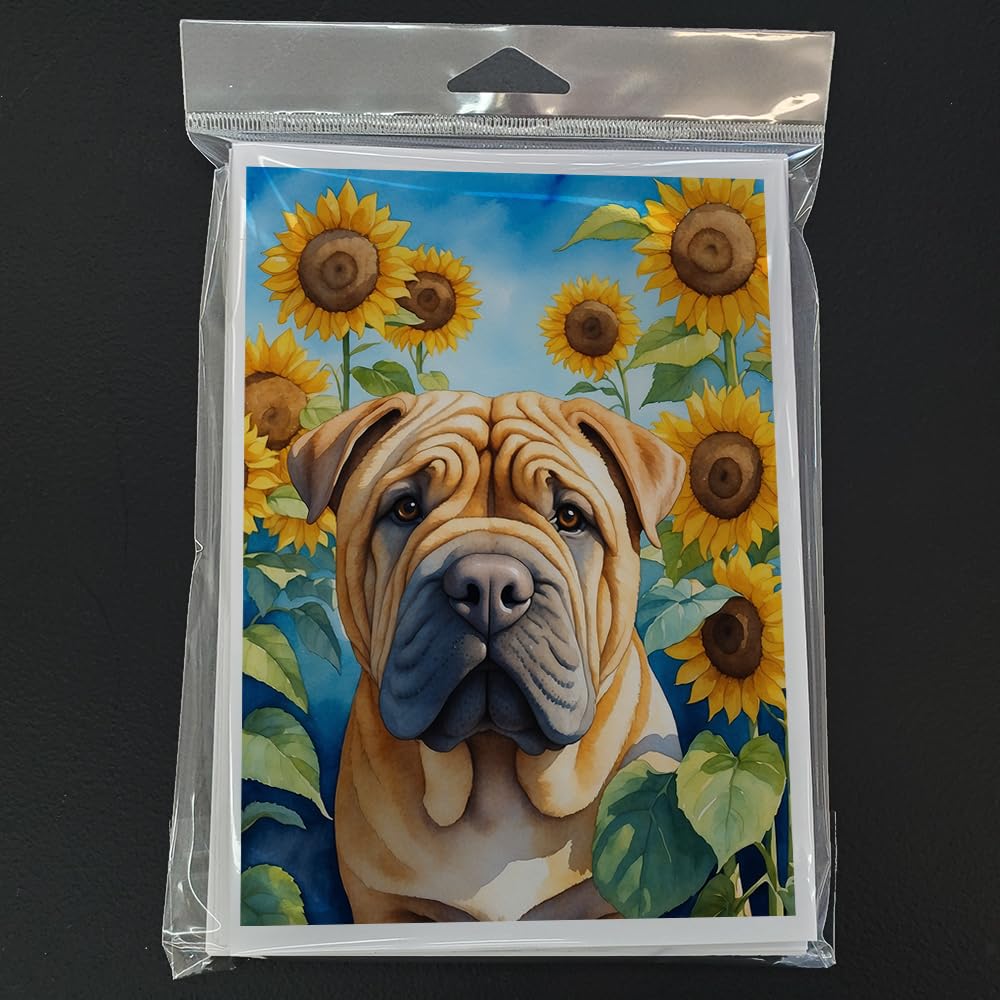 Caroline's Treasures Shar Pei in Sunflowers Greeting Cards Pack of 8 Blank Cards with Envelopes Whimsical A7 Size 5x7 Blank Note Cards