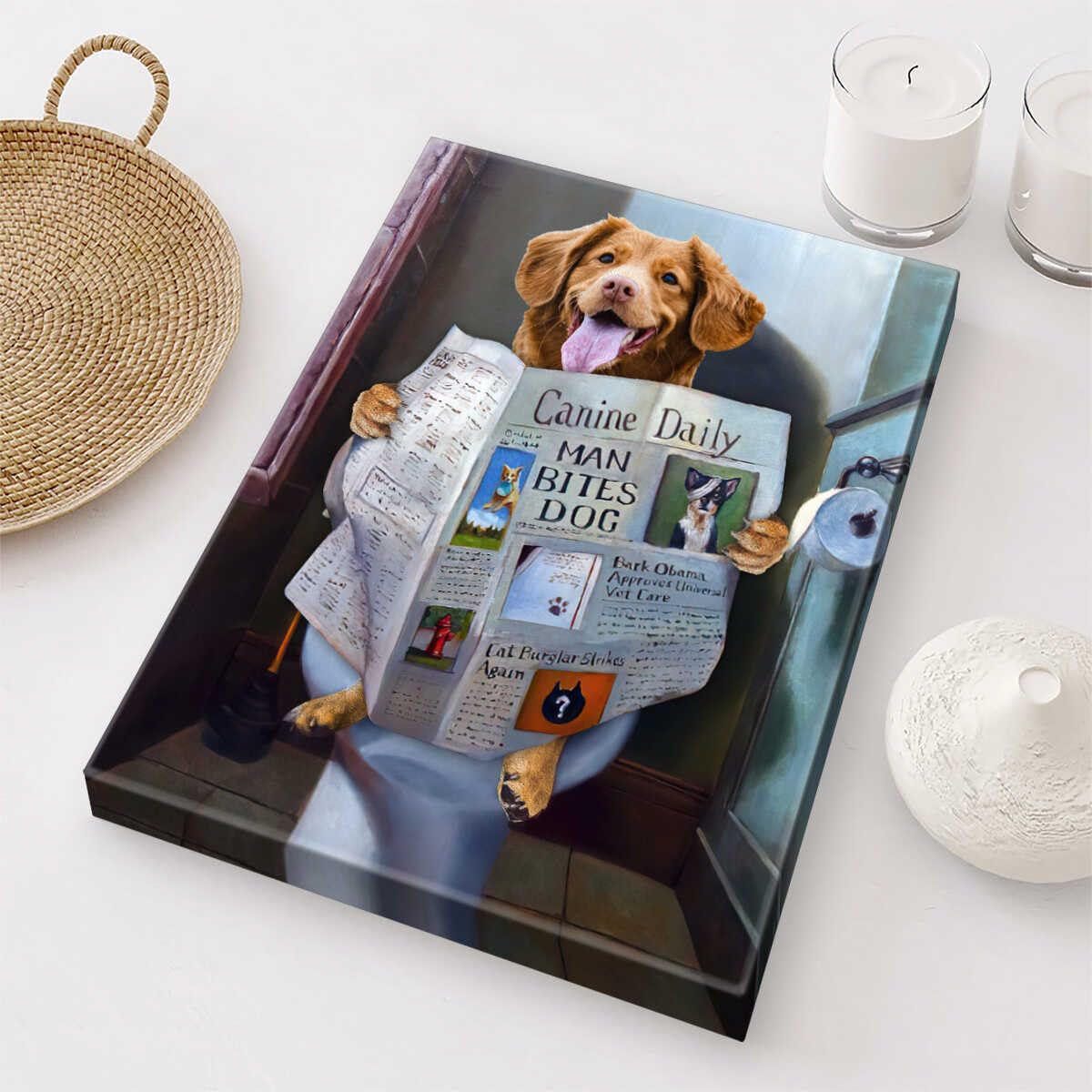 Generic Custom Dog Read Newspaper in Toilet Custom Portrait Canvas & Poster, Funny Pet Portrait Wall Art, Gift for Pet Lover