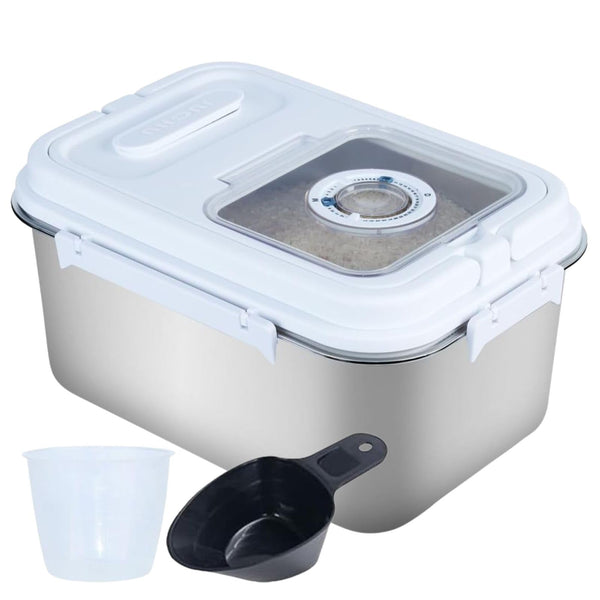 Saim Rice Containers Stainless Steel, Metal Flour Storage Container with Silicone Airtight Lid and Scoop, Measuring Cup/Portable Rice Dispenser for Dry Beans,Oatmeal and Grains (20Lbs)