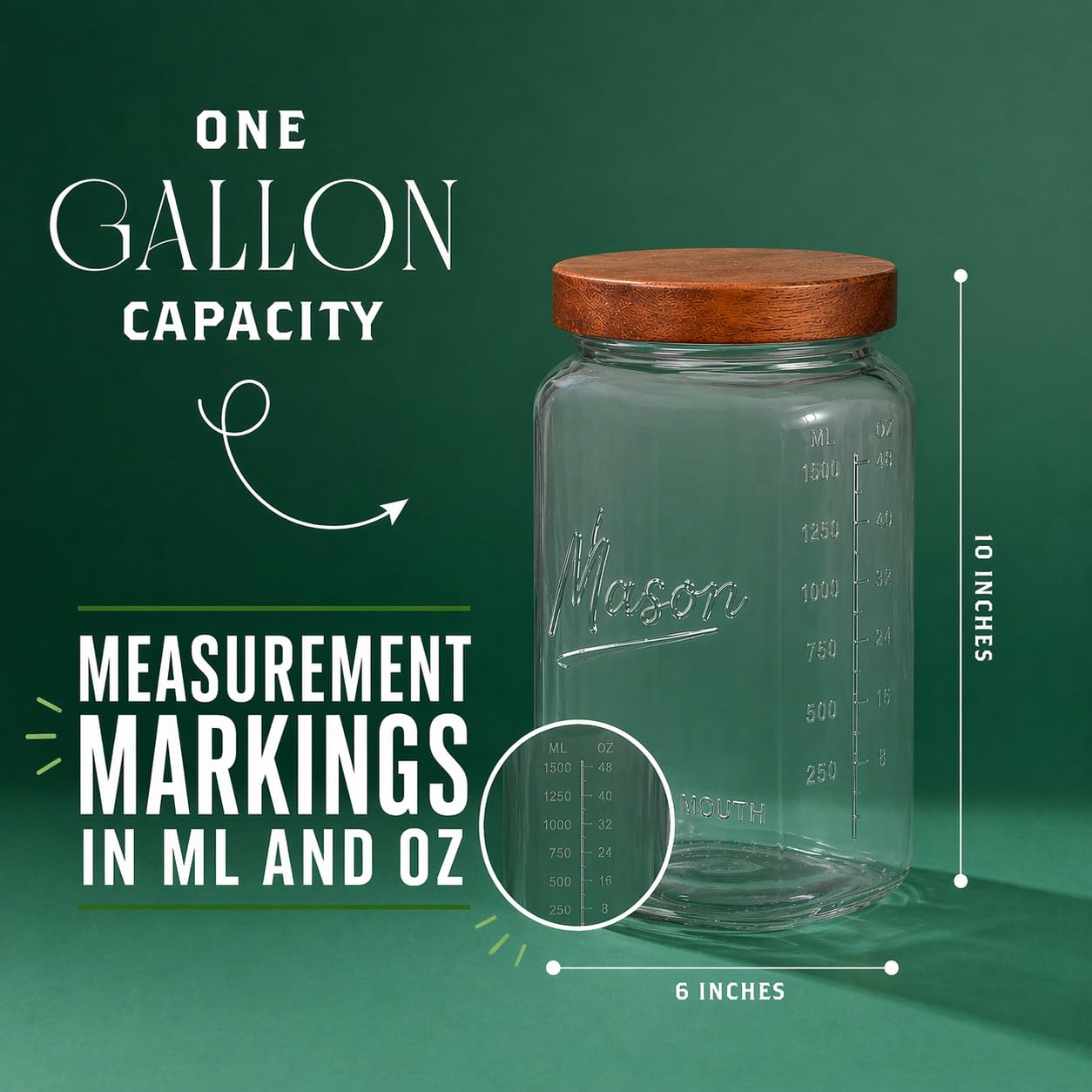 1 Gallon Glass Jar with Wooden Lid - Extra Large Mason Jar Wide Mouth with Airtight Wood Lid - Square Glass Storage Container with Measurement Markings for Flour, Sugar, Cookies & Pickling