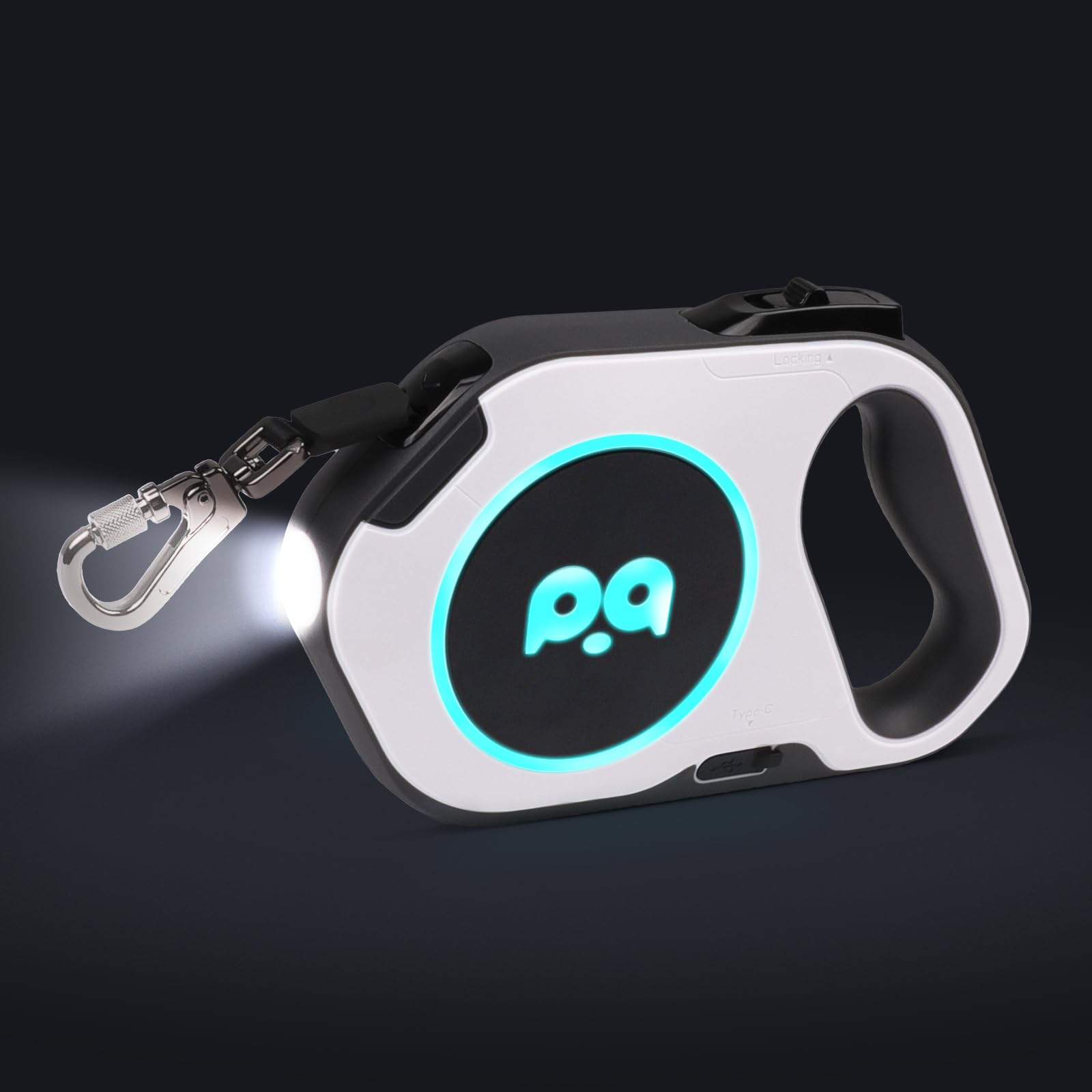 QQPETS Retractable Dog Leash with Rechargeable LED Light - 16 ft Strong Nylon Tape for Night Walks up to 88lbs Pet - 360° Tangle-Free One-Handed Brake, Pause, Lock (White)