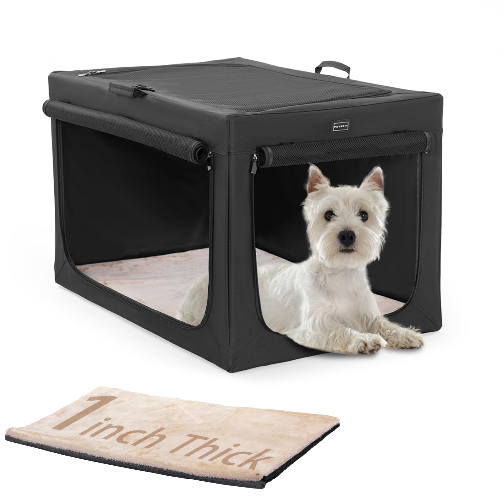 PETSFIT Portable Dog Crate for Small Dogs, – 24" Soft Dog Travel Crates with Lockable Zippers & Thicken Mat, Adjustable Patented Spiral Steel Frame, Collapsible Kennel for Indoor & Outdoor