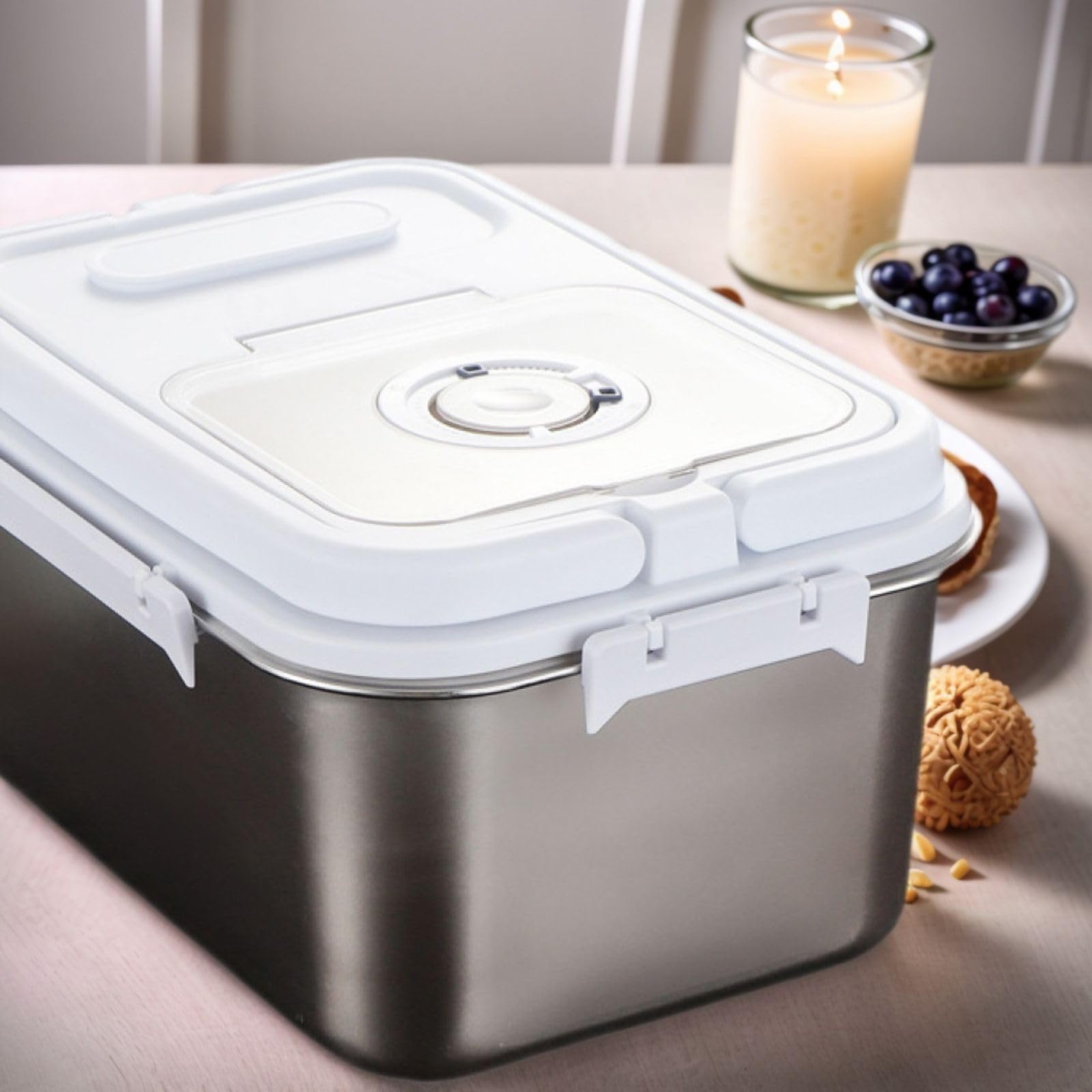 Saim Rice Containers Stainless Steel, Metal Flour Storage Container with Silicone Airtight Lid and Scoop, Measuring Cup/Portable Rice Dispenser for Dry Beans,Oatmeal and Grains (20Lbs)