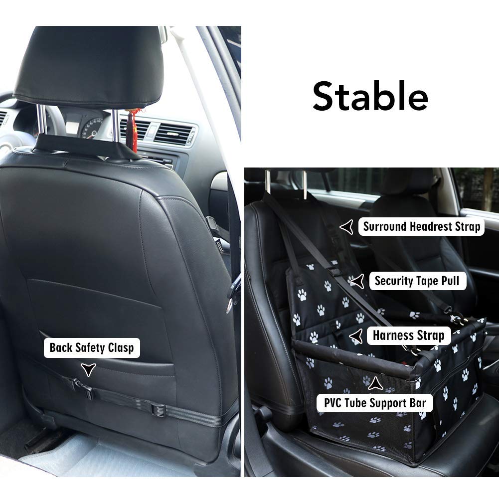 Petbobi Pet Reinforce Car Booster Seat for Dog Cat Portable and Breathable Bag with Seat Belt Dog Carrier Safety Stable for Travel Look Out,with Clip on Leash with PVC Tube, Black Paw Print