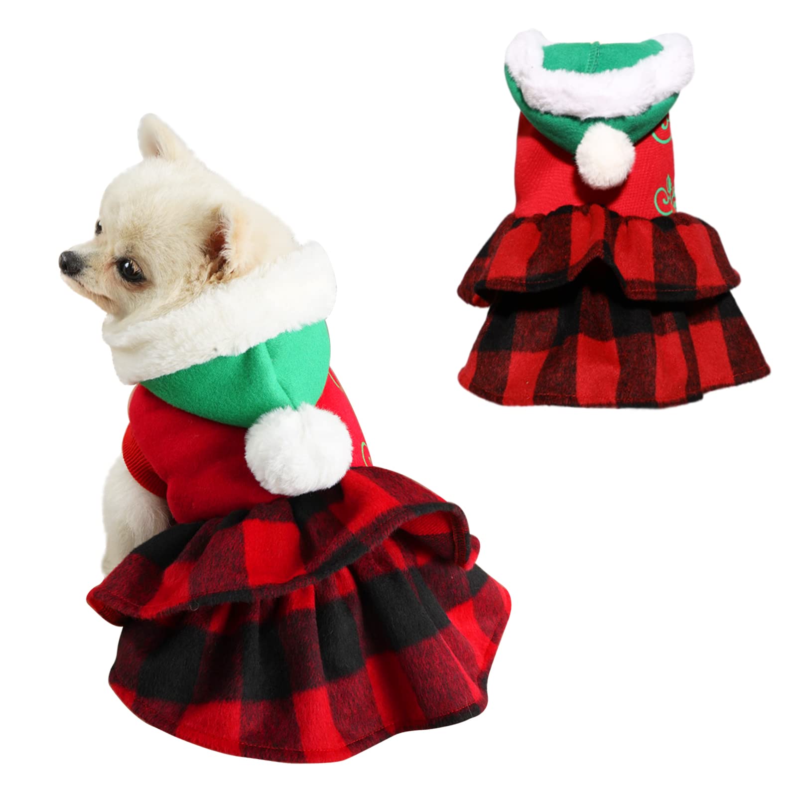 SGQCAR Christmas Plaid Dog Dress Hoodie Pet Clothes Printed Sweater Puppy Hooded Sweatshirt Cold Weather Doggie Coats for Small Medium Dogs Cats