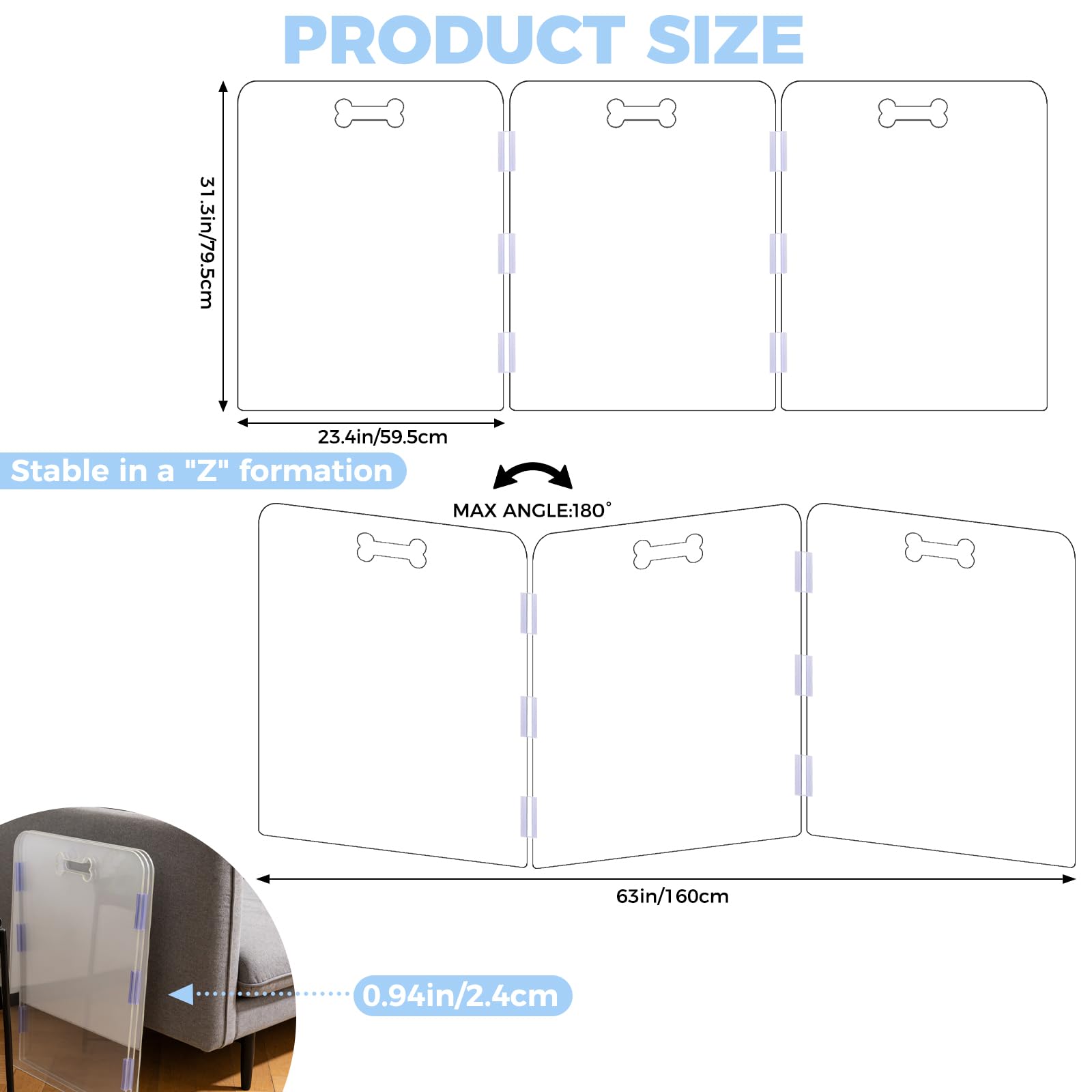 31.5" Tall Clear Acrylic Dog Playpen, 3-Panel Freestanding Transparent Pet Gate for Indoor Doorways, Foldable Puppy Fence Barrier with Support Feet & Handles(3-Panel Tall)