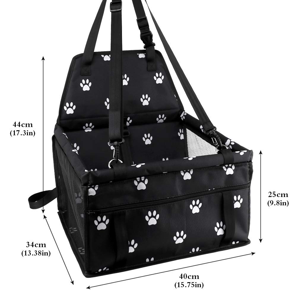 Petbobi Pet Reinforce Car Booster Seat for Dog Cat Portable and Breathable Bag with Seat Belt Dog Carrier Safety Stable for Travel Look Out,with Clip on Leash with PVC Tube, Black Paw Print
