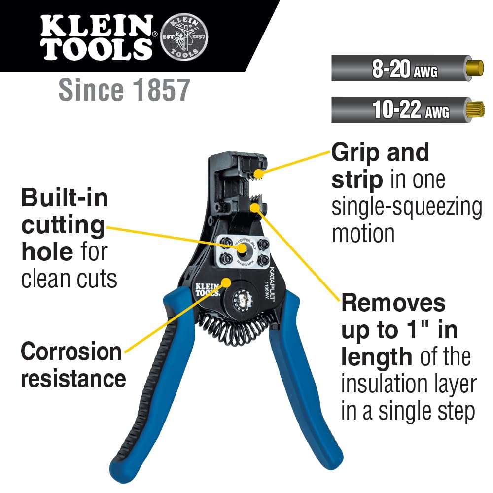 Klein Tools 11063W Wire Cutter/Stripper, Heavy Duty Automatic Tool for 8-20 AWG Solid and 10-22 AWG Stranded Electrical Wire