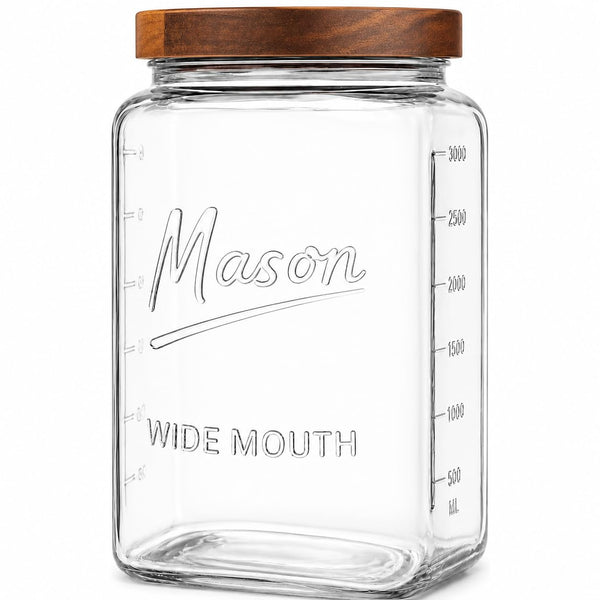 1 Gallon Glass Jar with Wooden Lid - Extra Large Mason Jar Wide Mouth with Airtight Wood Lid - Square Glass Storage Container with Measurement Markings for Flour, Sugar, Cookies & Pickling
