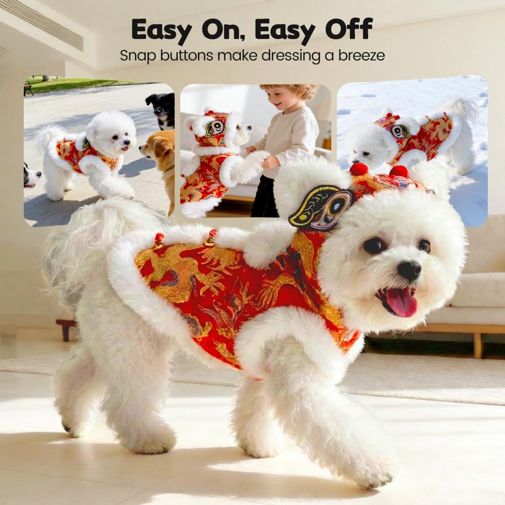 Cute Dance Lion Pet Costume with Red Sequins New Year Cat Dog Clothes Hoodies Coat Chinese Lion Dance Dog Costume, Spring Festival Pet Outfit