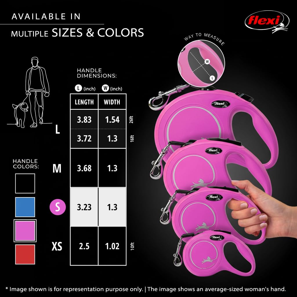 FLEXI New Classic Tape Retractable Dog Leash for Small Dogs Up to 33 lbs. – 16 ft., Pink Tangle-Free Pet Walking Leash with One-Handed Brake, Pause, Lock German Quality Product