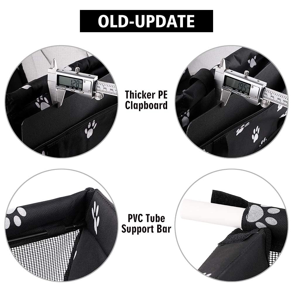 Petbobi Pet Reinforce Car Booster Seat for Dog Cat Portable and Breathable Bag with Seat Belt Dog Carrier Safety Stable for Travel Look Out,with Clip on Leash with PVC Tube, Black Paw Print