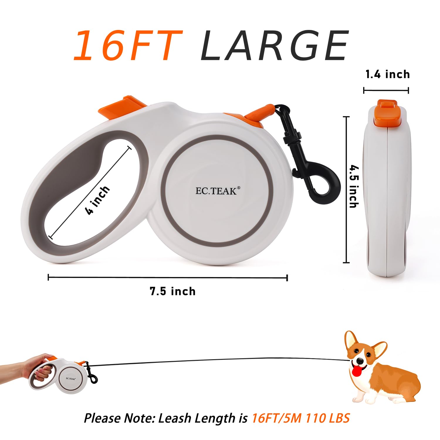 Retractable Dog Leash, 16 FT/26 FT Dog Leash Retractable for Small/Medium/Large Dogs up to 110 lbs, Strong Nylon Tape, Tangle Free, One-Hand Brake (White/Orange, Large)