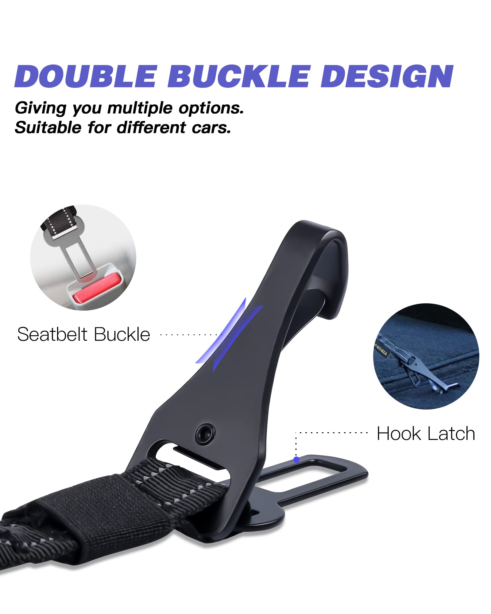 AUBELL Dog Seat Belt for Car,Updated 3-in-1 Adjustable Reflective Bungee Heavy Duty Dog Car Harness Tether with Clip Hook Latch & Buckle,Swivel Zinc Alloy Carabiner,Black