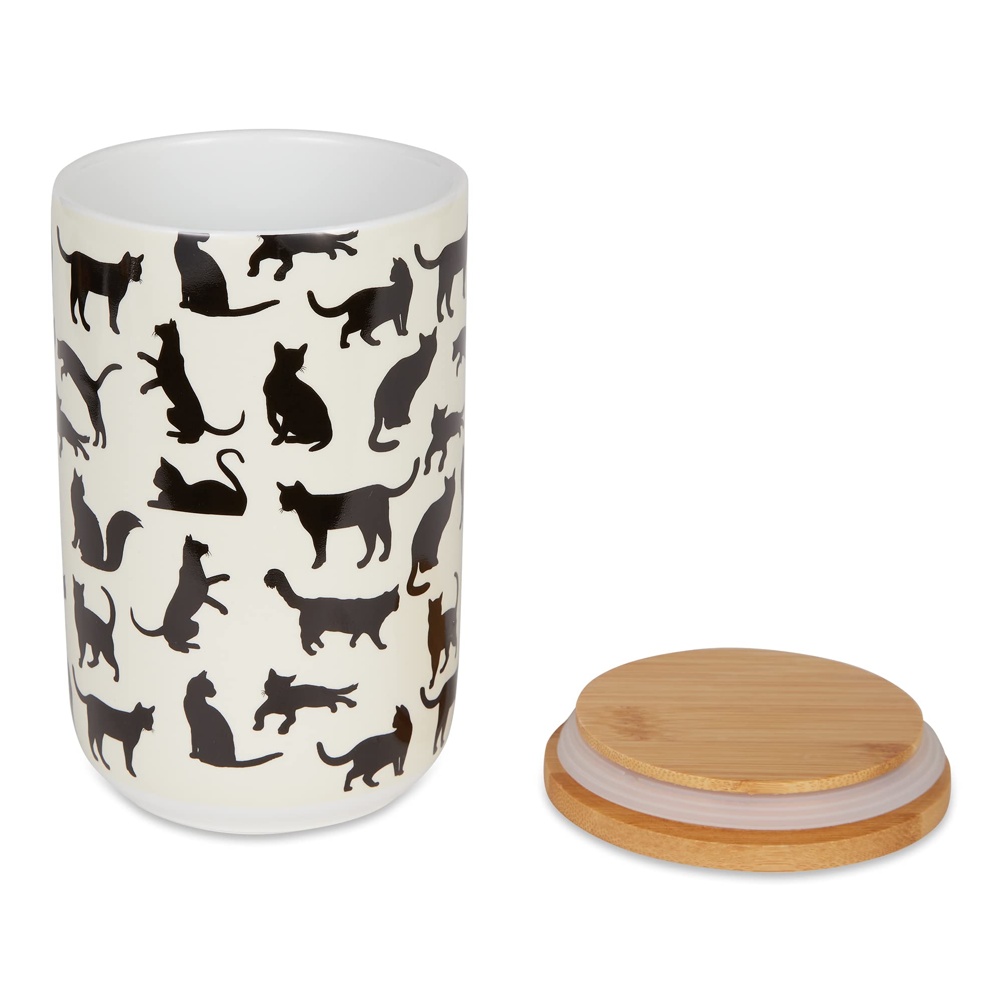 Bone Dry Ceramic Treat Jar for Cats and Dogs, Bamboo Lid, Dishwasher Safe Canister, 4x6.5", Black/White, Cat Treats