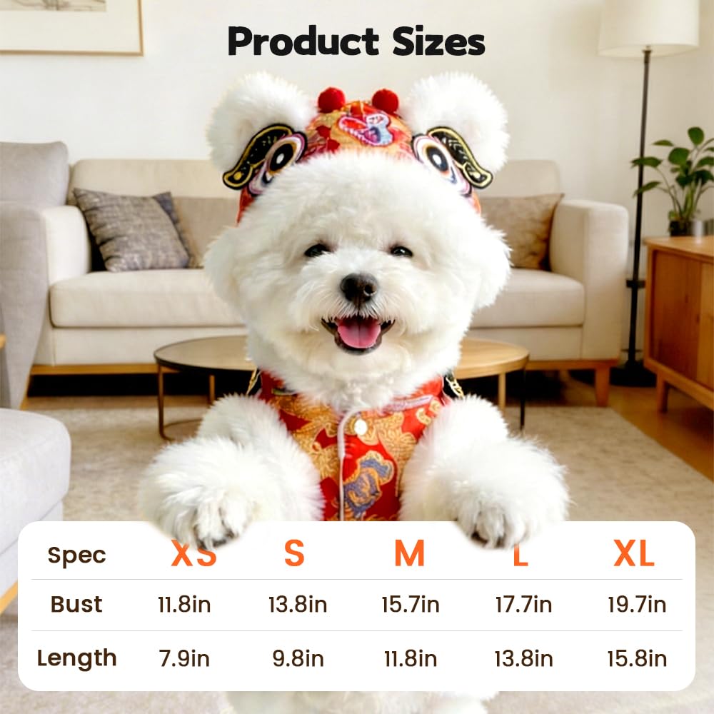 Cute Dance Lion Pet Costume with Red Sequins New Year Cat Dog Clothes Hoodies Coat Chinese Lion Dance Dog Costume, Spring Festival Pet Outfit